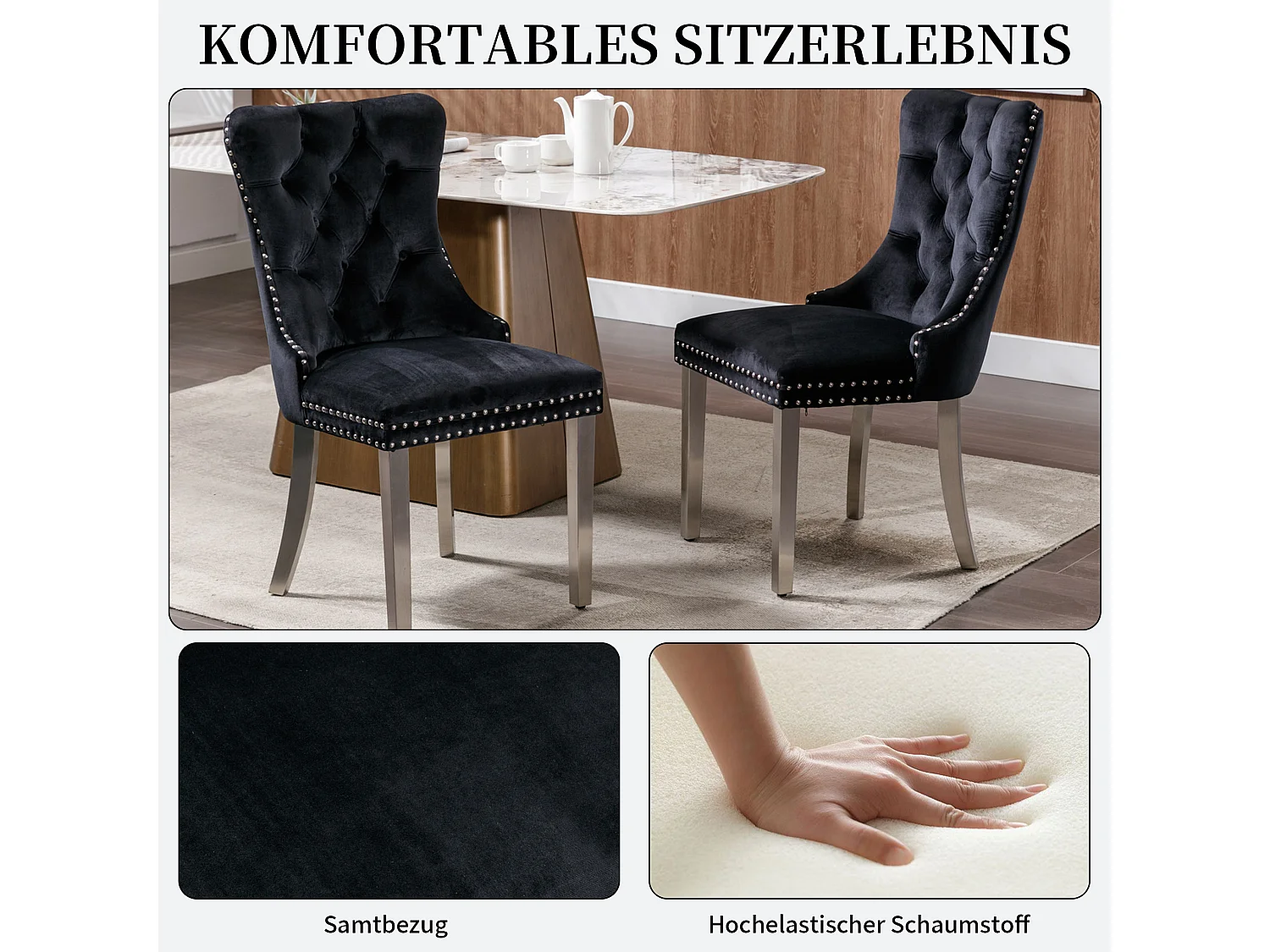 Set van 2 fluwelen eetkamerstoelen in Franse luxestijl met gecapitonneerde rug
