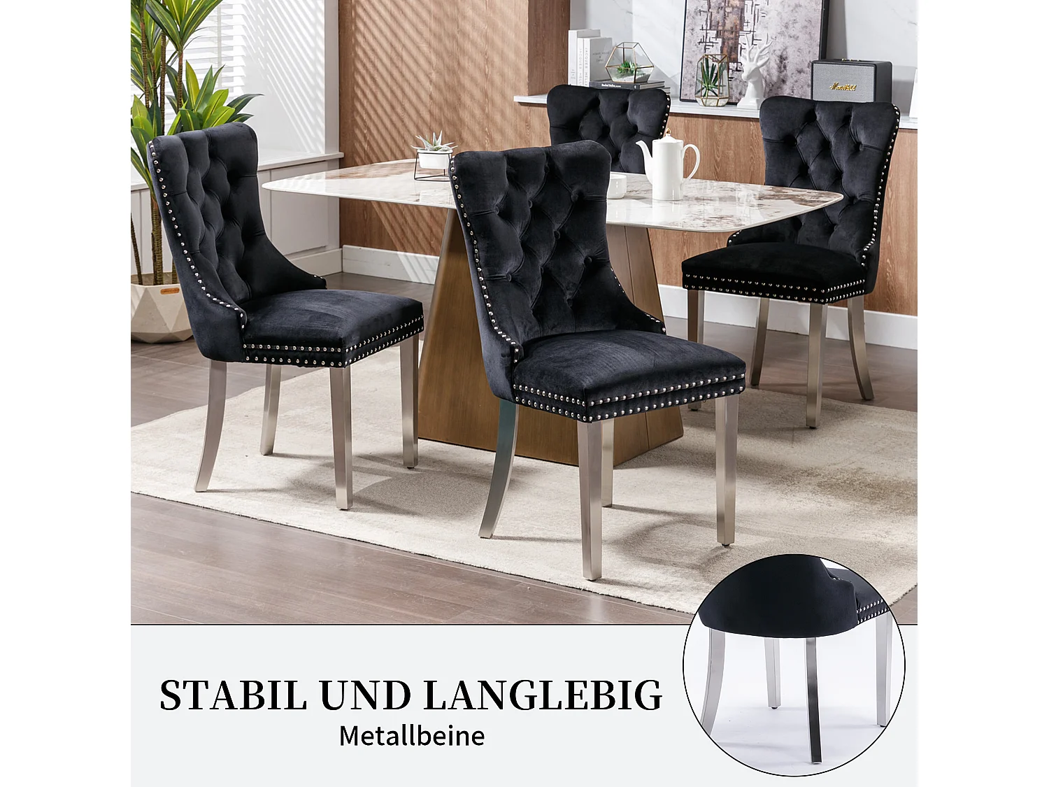 Set van 2 fluwelen eetkamerstoelen in Franse luxestijl met gecapitonneerde rug