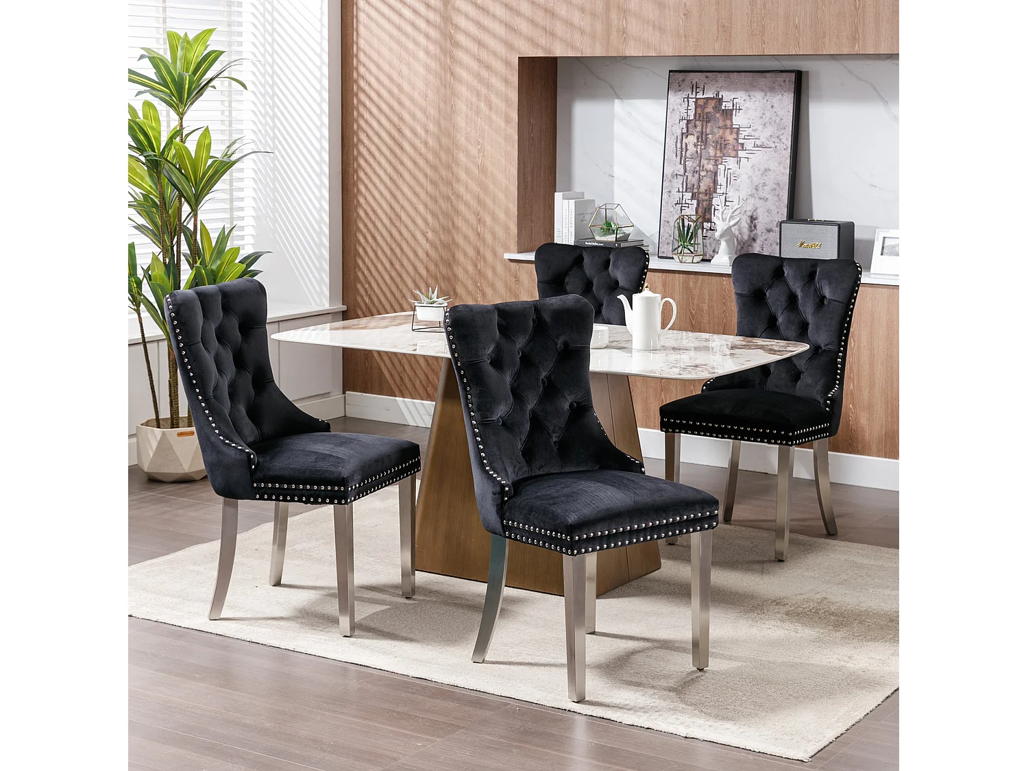 Set van 2 fluwelen eetkamerstoelen in Franse luxestijl met gecapitonneerde rug