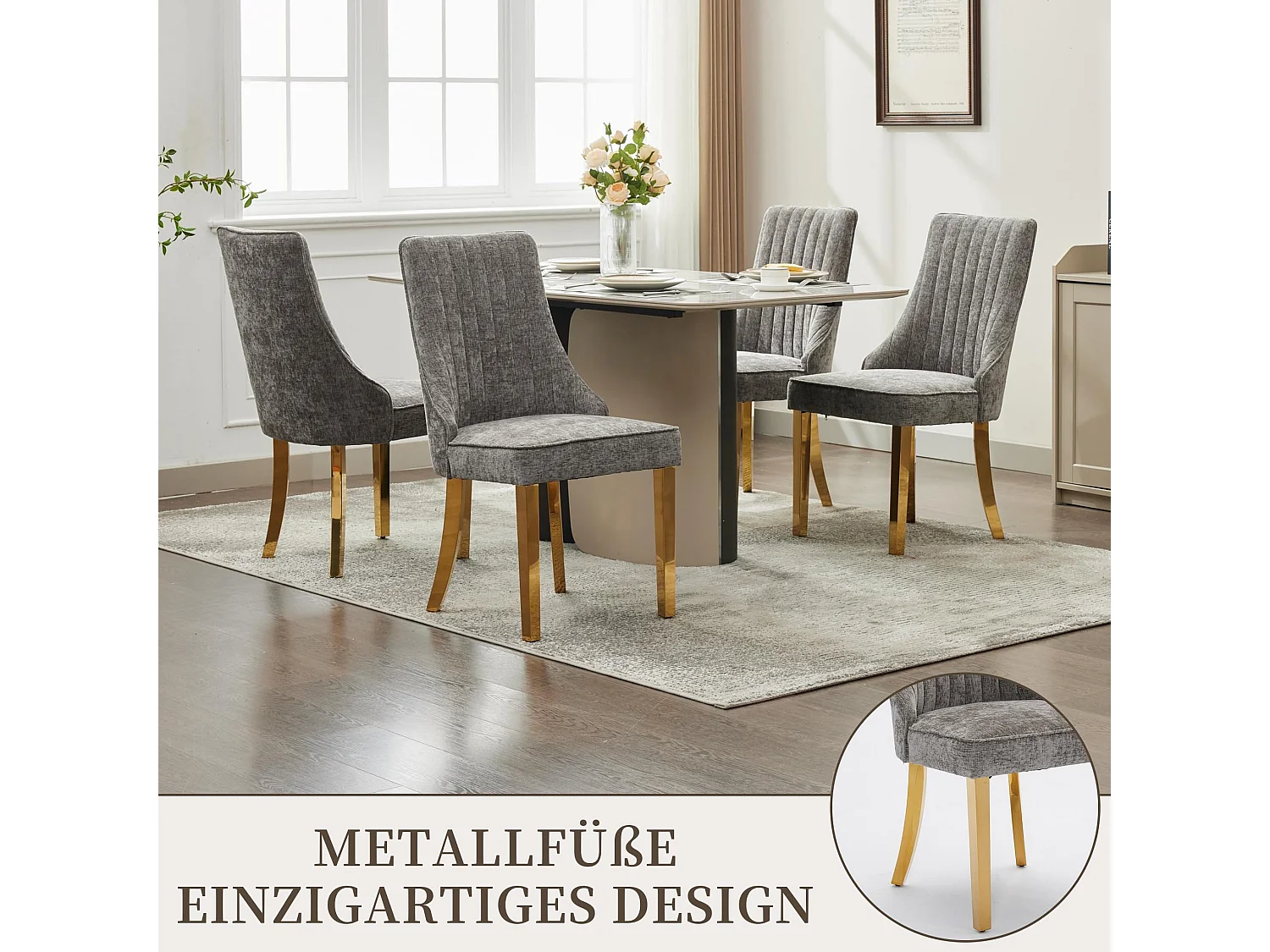 Esszimmerstühle 2er Set mit Chenille-Bezug, moderner Küchenstuhl mit geschwungenen Füßen und verstellbaren Fußpads, für Esszimmer, Küche und Schlafzimmer