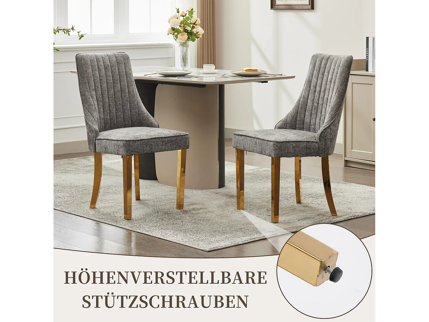 Esszimmerstühle 2er Set mit Chenille-Bezug, moderner Küchenstuhl mit geschwungenen Füßen und verstellbaren Fußpads, für Esszimmer, Küche und Schlafzimmer