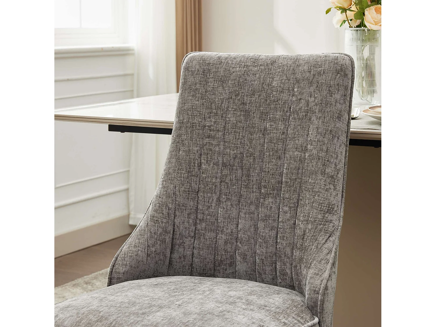 Lot de 2 chaises de salle à manger modernes en chenille avec haut dossier rainuré