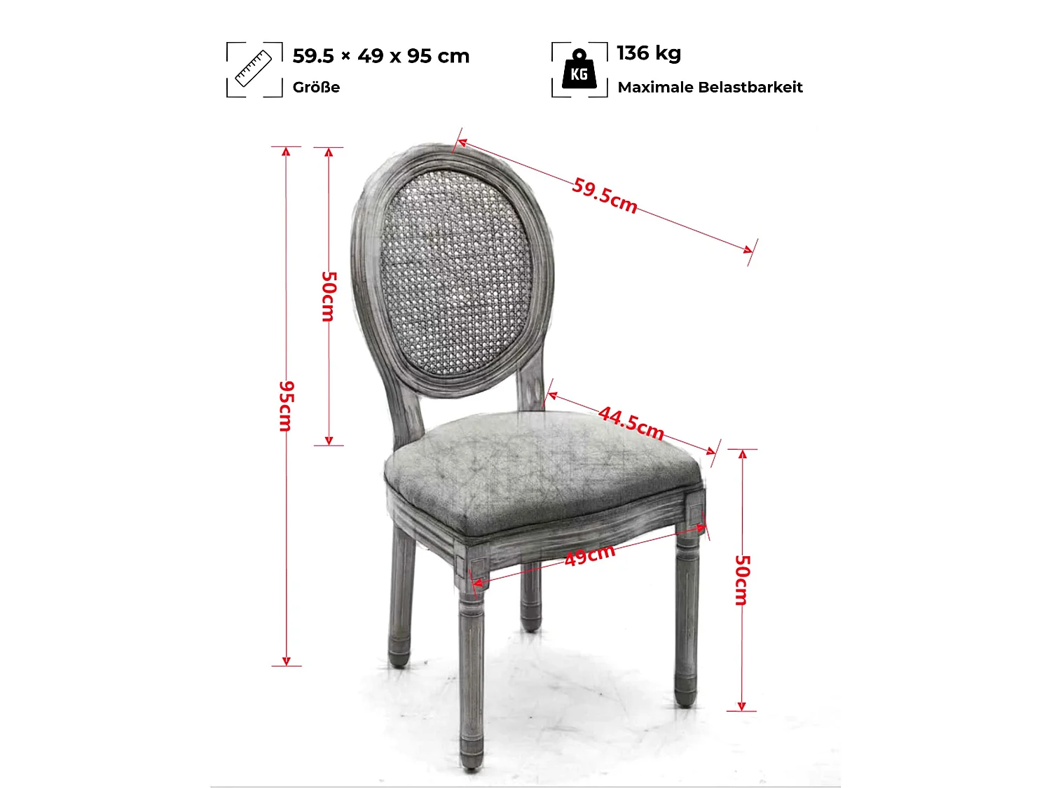 Ensemble de 2 chaises de salle à manger de style français avec cadre en bois massif, dossier en rotin, revêtement en lin