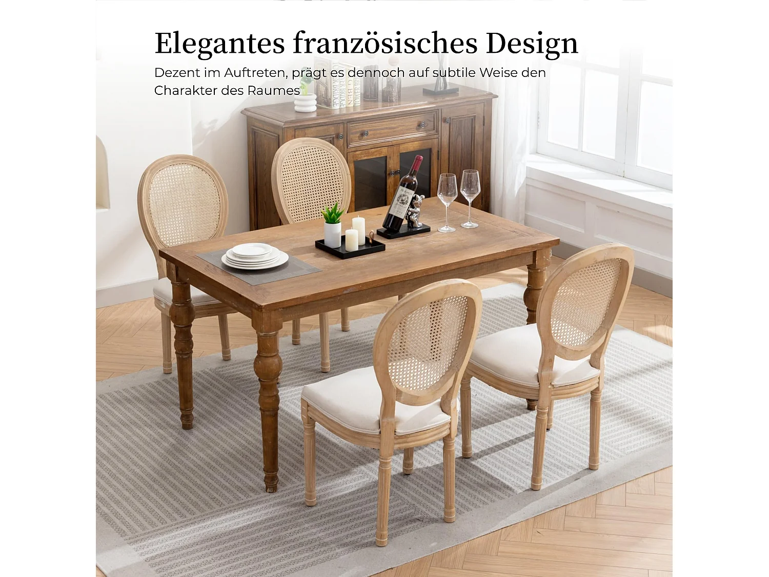 Ensemble de 2 chaises de salle à manger de style français avec cadre en bois massif, dossier en rotin, revêtement en lin