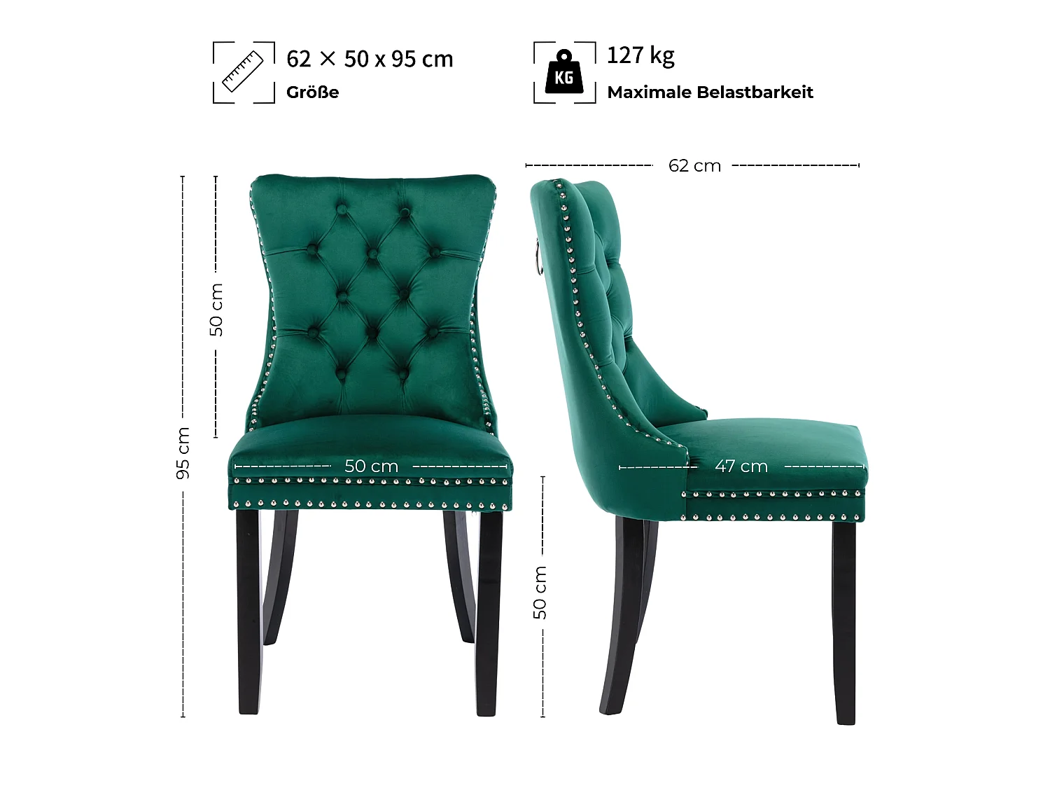 Set van 2 fluwelen eetkamerstoelen met hoge rugleuning en knoopdetails