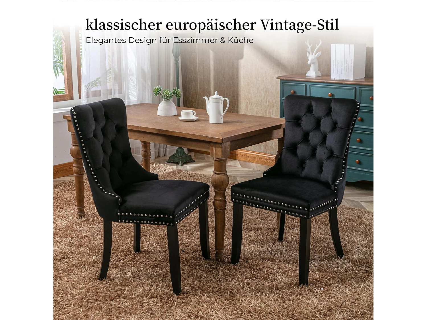 Esszimmerstühle 2er-Set Küchenstuhl Samtbezug, Holzfüße mit Verstellbaren Schrauben, Polsterstuhl mit Ringgriff, Niete und Knopf-Rückenlehne