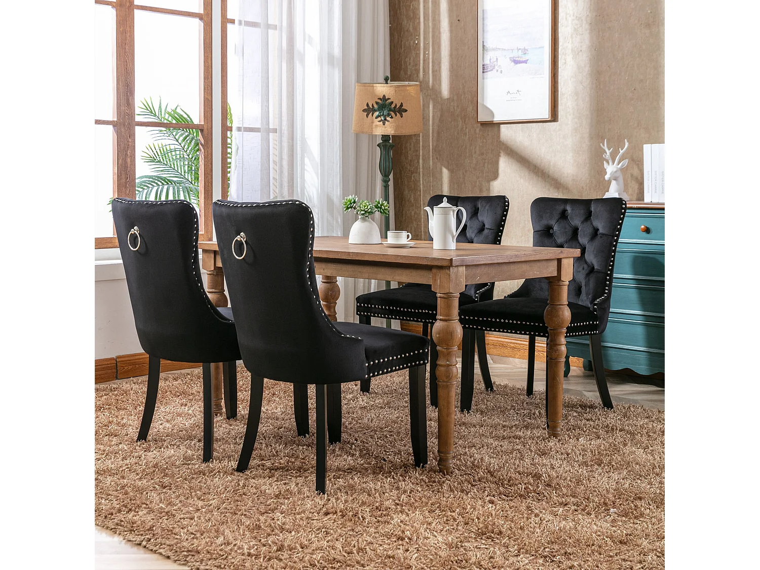 Set van 2 fluwelen eetkamerstoelen met hoge rugleuning en knoopdetails