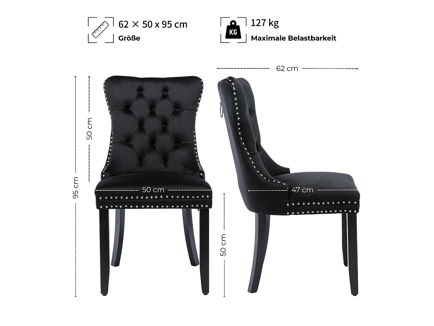 Set van 2 fluwelen eetkamerstoelen met hoge rugleuning en knoopdetails