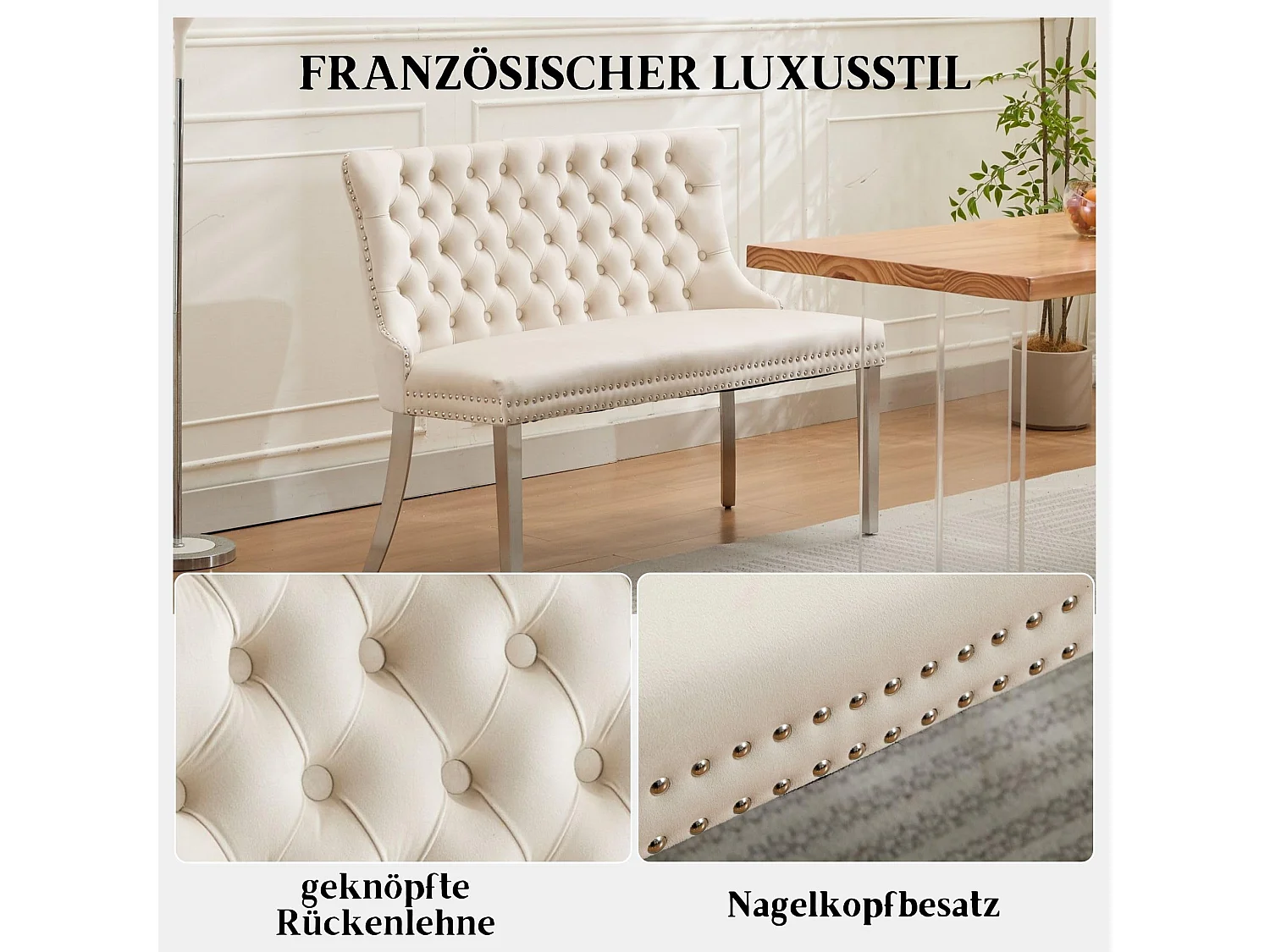 Esszimmerstuhl Esszimmerbank Samt Polsterbank, Ziernieten & Verstellbaren Stahlfüßen, Französischer Luxusstil Sitzbank inkl. Rückenlehne mit Knopfheftung