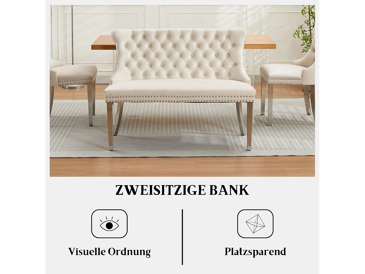 Esszimmerstuhl Esszimmerbank Samt Polsterbank, Ziernieten & Verstellbaren Stahlfüßen, Französischer Luxusstil Sitzbank inkl. Rückenlehne mit Knopfheftung