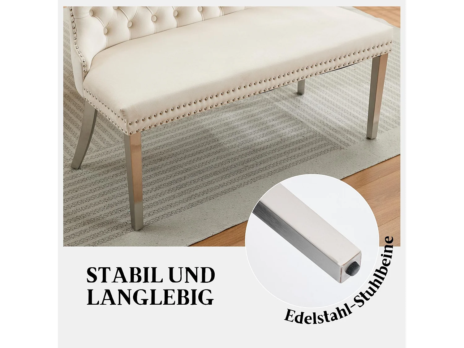 Esszimmerstuhl Esszimmerbank Samt Polsterbank, Ziernieten & Verstellbaren Stahlfüßen, Französischer Luxusstil Sitzbank inkl. Rückenlehne mit Knopfheftung