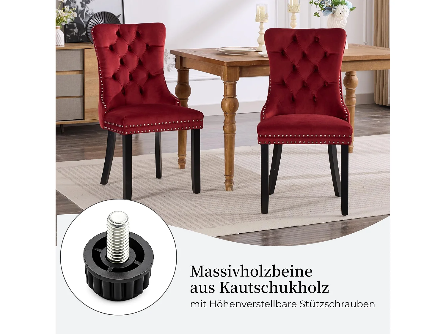 Esszimmerstühle 2er-Set Küchenstuhl Samtbezug, Holzfüße mit Verstellbaren Schrauben, Polsterstuhl mit Ringgriff, Niete und Knopf-Rückenlehne