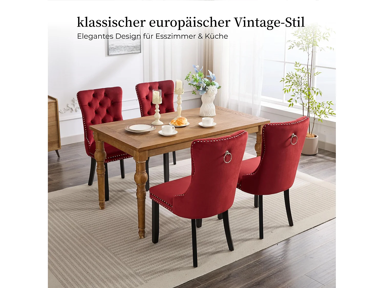 Esszimmerstühle 2er-Set Küchenstuhl Samtbezug, Holzfüße mit Verstellbaren Schrauben, Polsterstuhl mit Ringgriff, Niete und Knopf-Rückenlehne