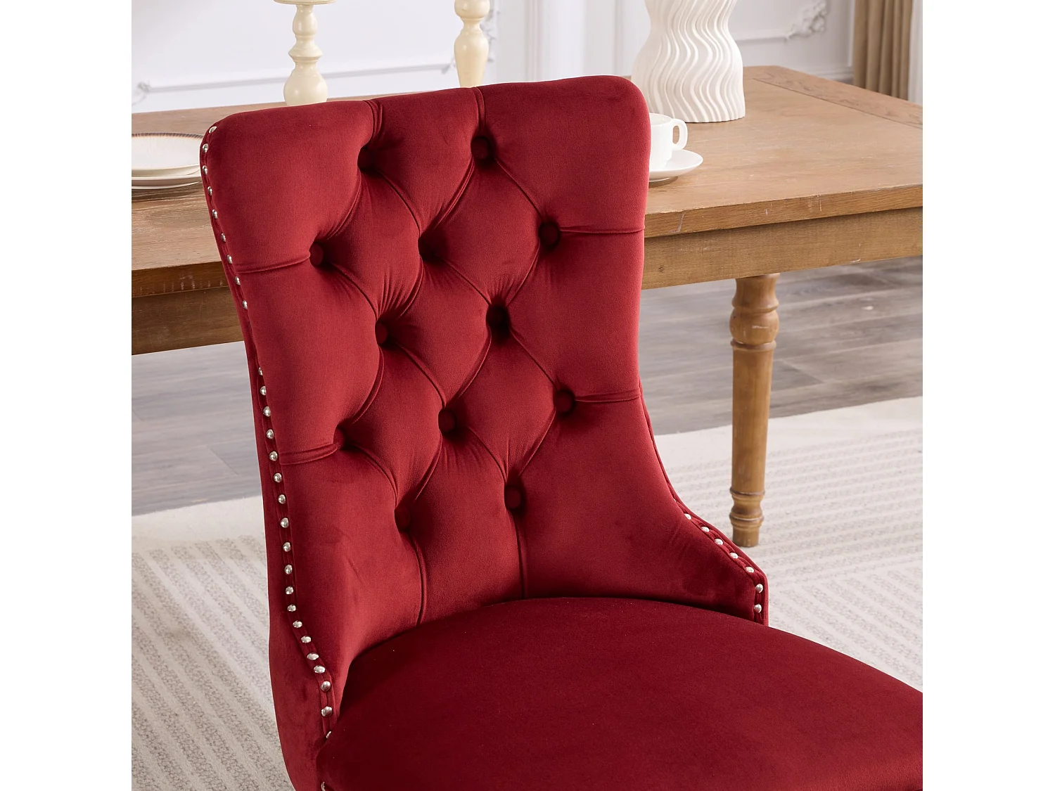 Set van 2 fluwelen eetkamerstoelen met hoge rugleuning en knoopdetails