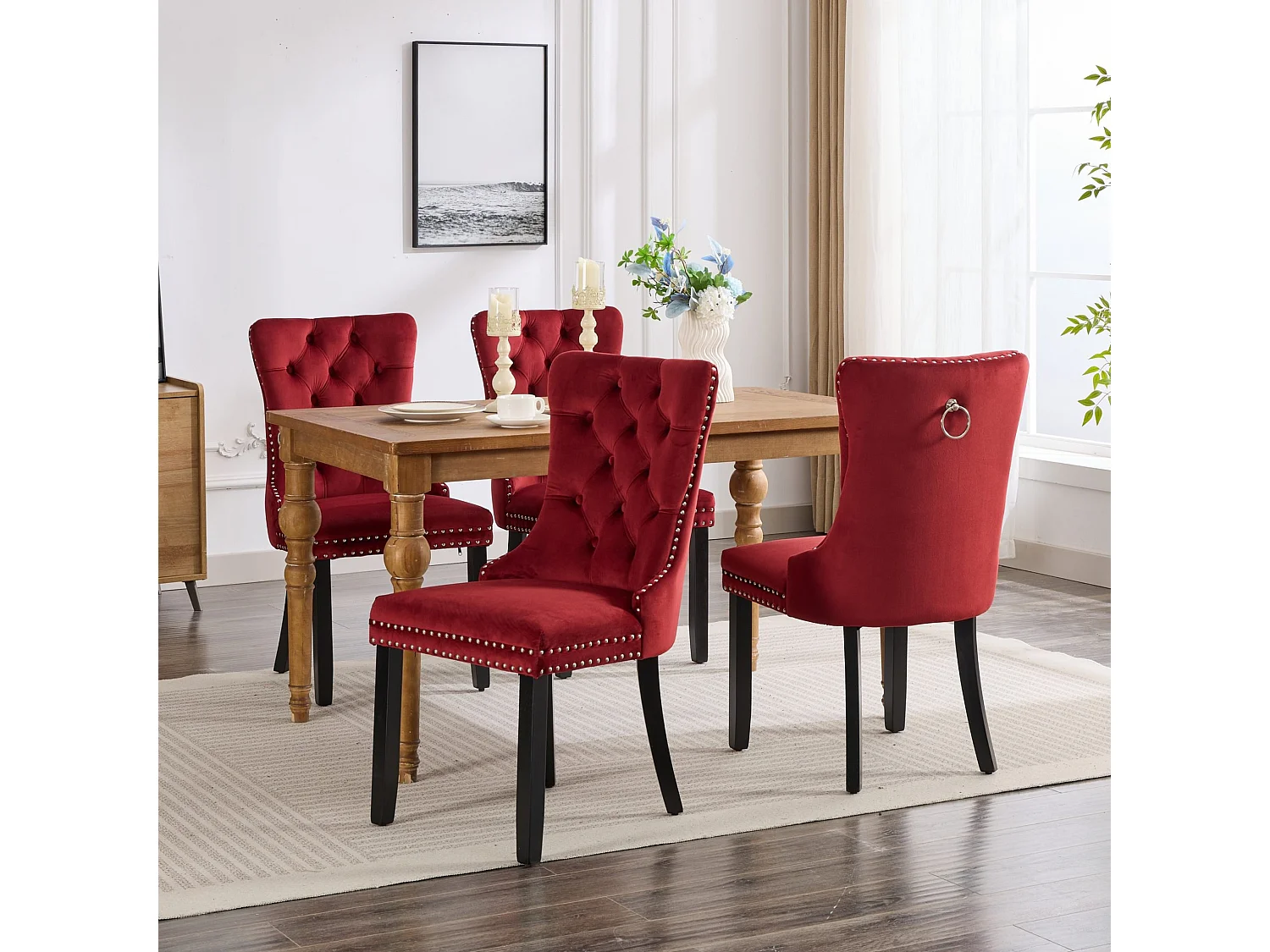 Set van 2 fluwelen eetkamerstoelen met hoge rugleuning en knoopdetails