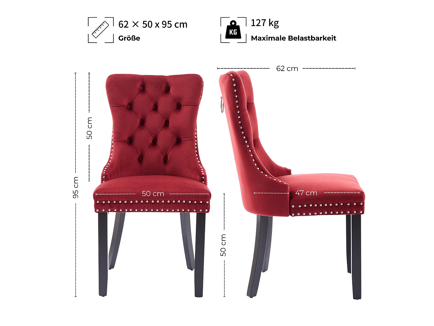 Set van 2 fluwelen eetkamerstoelen met hoge rugleuning en knoopdetails