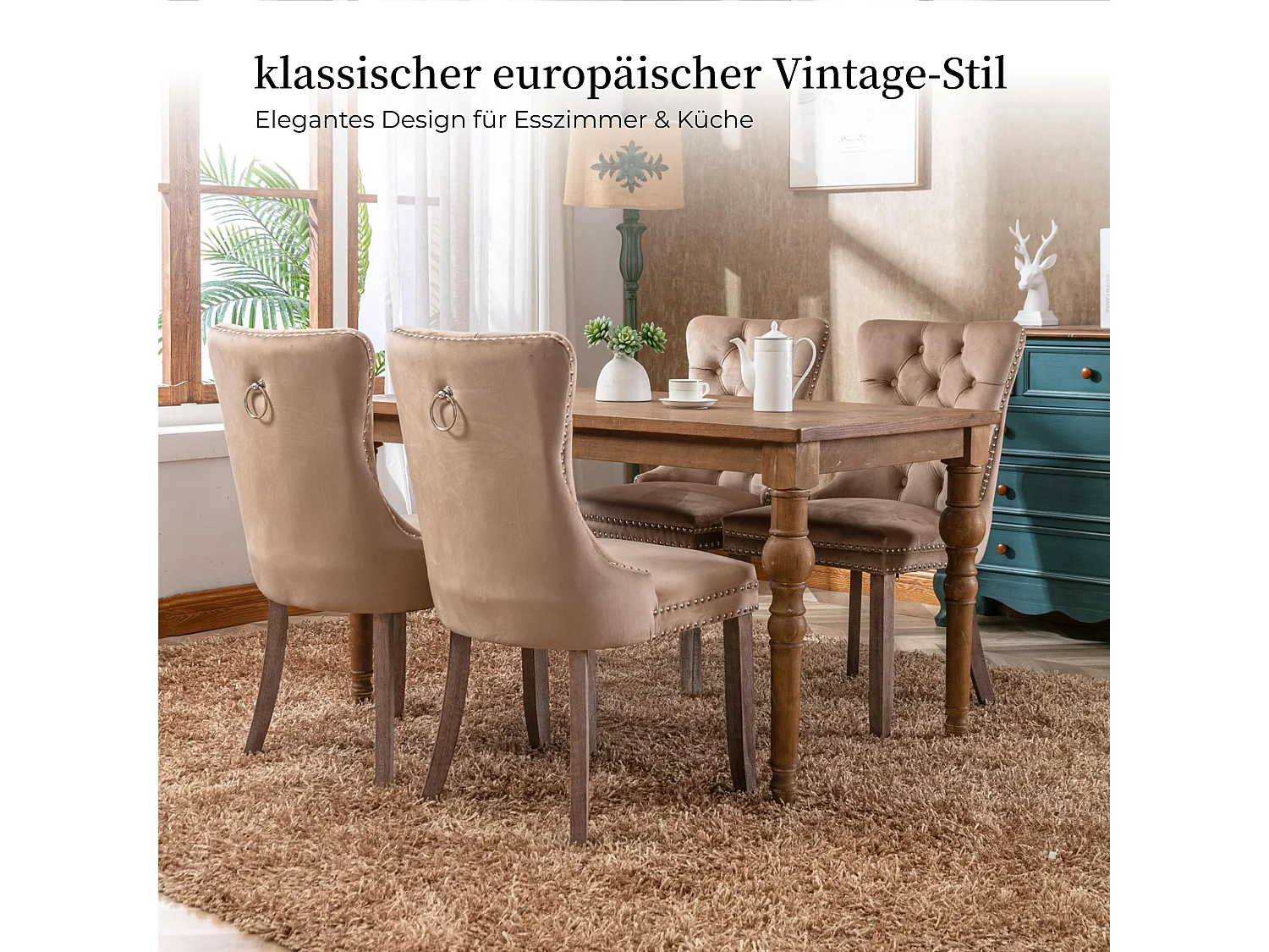 Esszimmerstühle 2er-Set Küchenstuhl Samtbezug, Holzfüße mit Verstellbaren Schrauben, Polsterstuhl mit Ringgriff, Niete und Knopf-Rückenlehne