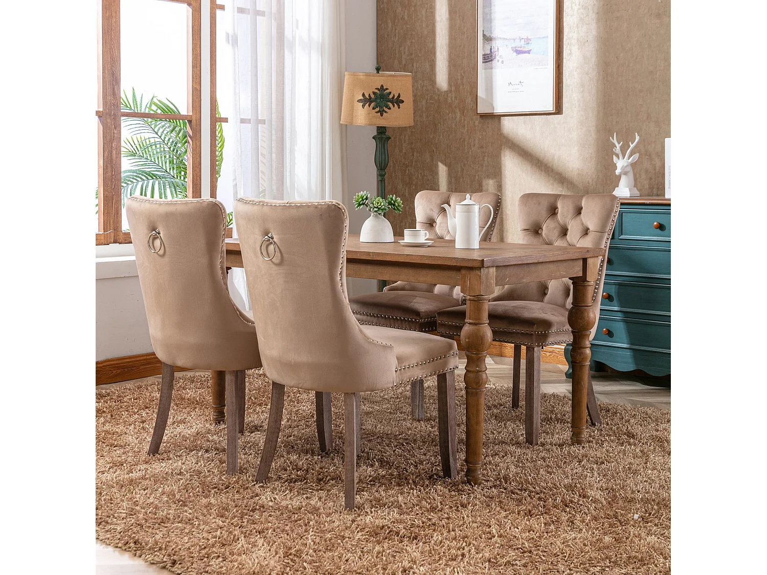 Set van 2 fluwelen eetkamerstoelen met hoge rugleuning en knoopdetails