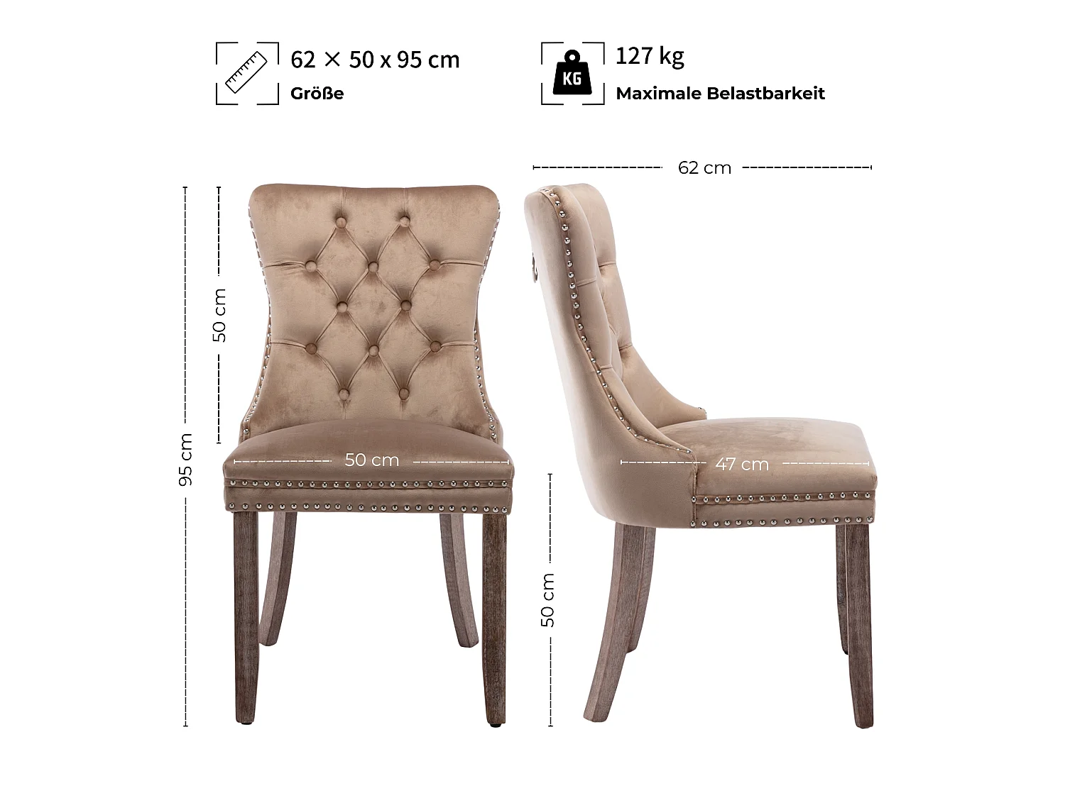 Set van 2 fluwelen eetkamerstoelen met hoge rugleuning en knoopdetails