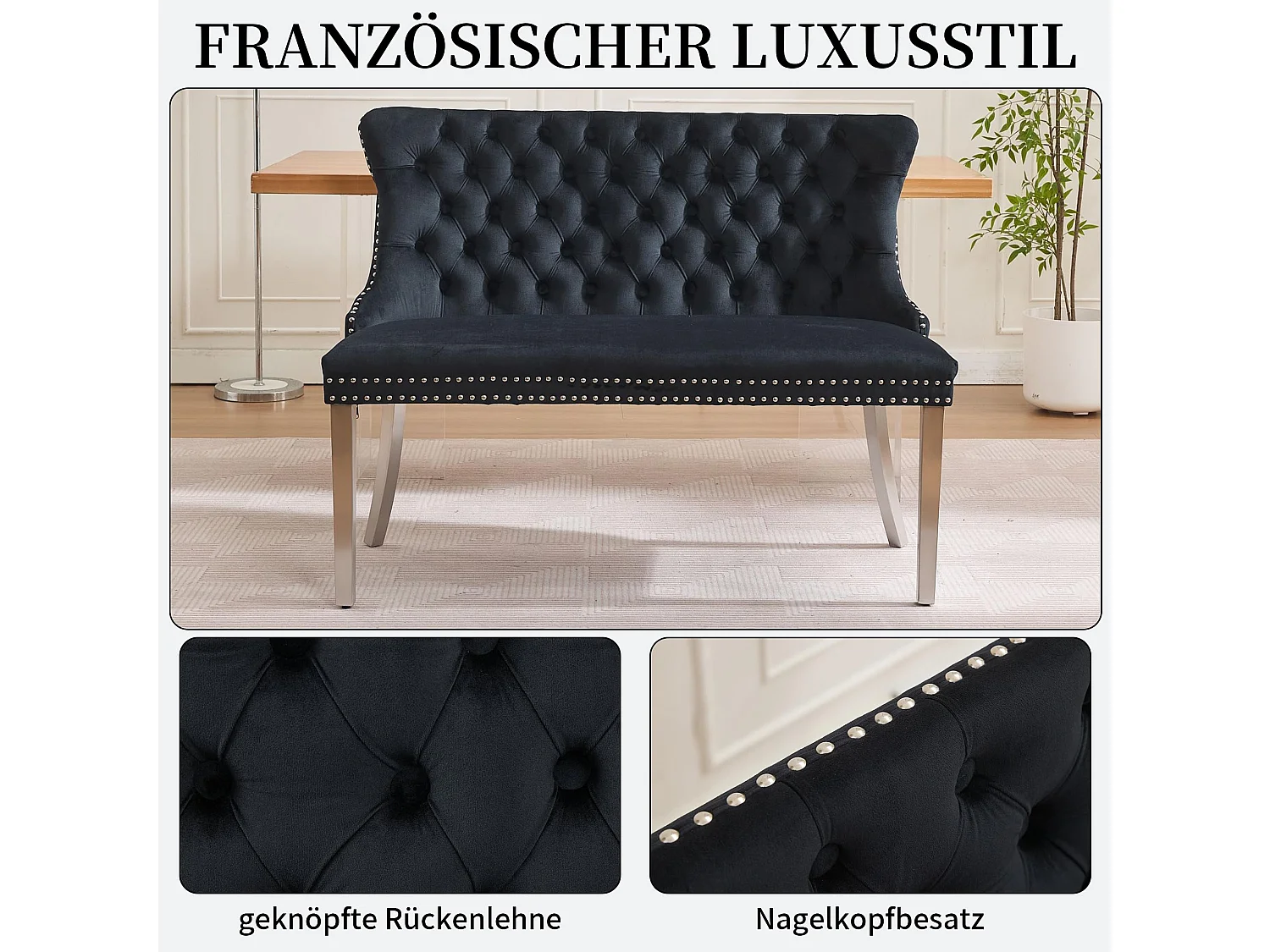 Franse Luxe Stijl Velvet Eetbank met Verstelbare Stalen Poten, Elegant Knopen Gecapitonneerde Rugleuning