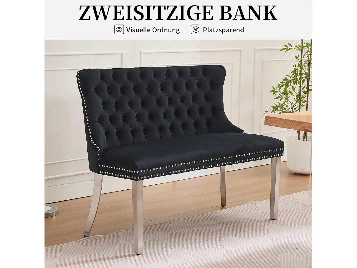 Franse Luxe Stijl Velvet Eetbank met Verstelbare Stalen Poten, Elegant Knopen Gecapitonneerde Rugleuning