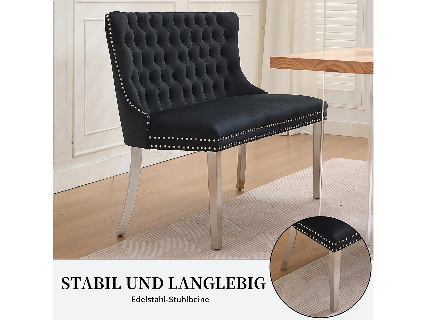 Franse Luxe Stijl Velvet Eetbank met Verstelbare Stalen Poten, Elegant Knopen Gecapitonneerde Rugleuning