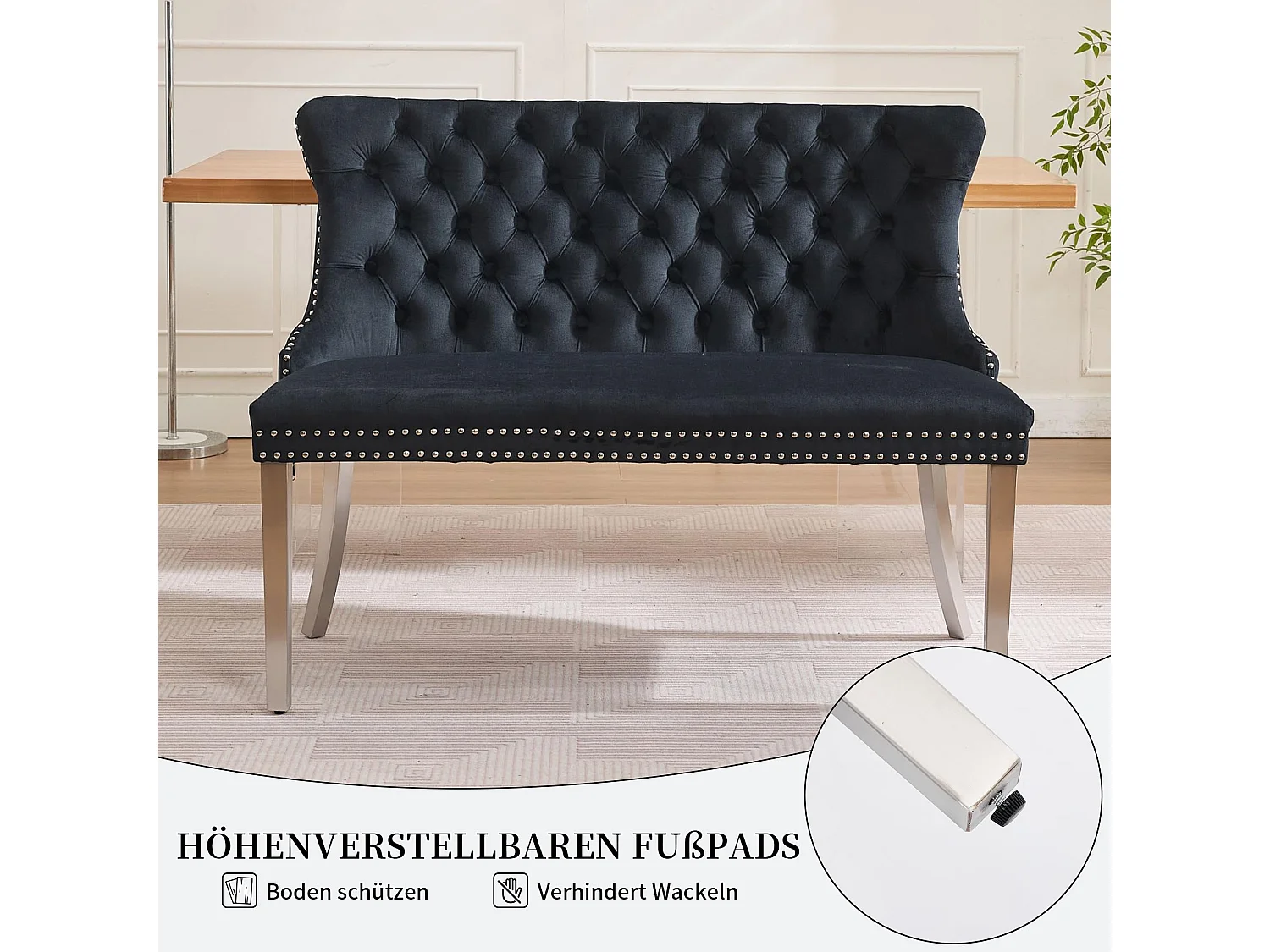 Franse Luxe Stijl Velvet Eetbank met Verstelbare Stalen Poten, Elegant Knopen Gecapitonneerde Rugleuning