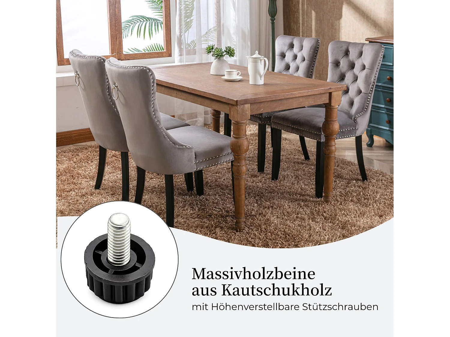 Esszimmerstühle 2er-Set Küchenstuhl Samtbezug, Holzfüße mit Verstellbaren Schrauben, Polsterstuhl mit Ringgriff, Niete und Knopf-Rückenlehne