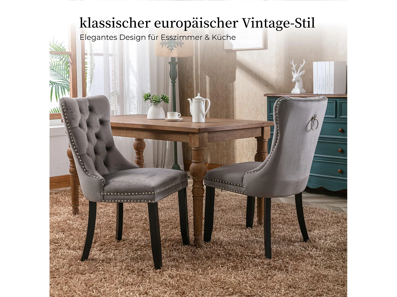 Esszimmerstühle 2er-Set Küchenstuhl Samtbezug, Holzfüße mit Verstellbaren Schrauben, Polsterstuhl mit Ringgriff, Niete und Knopf-Rückenlehne