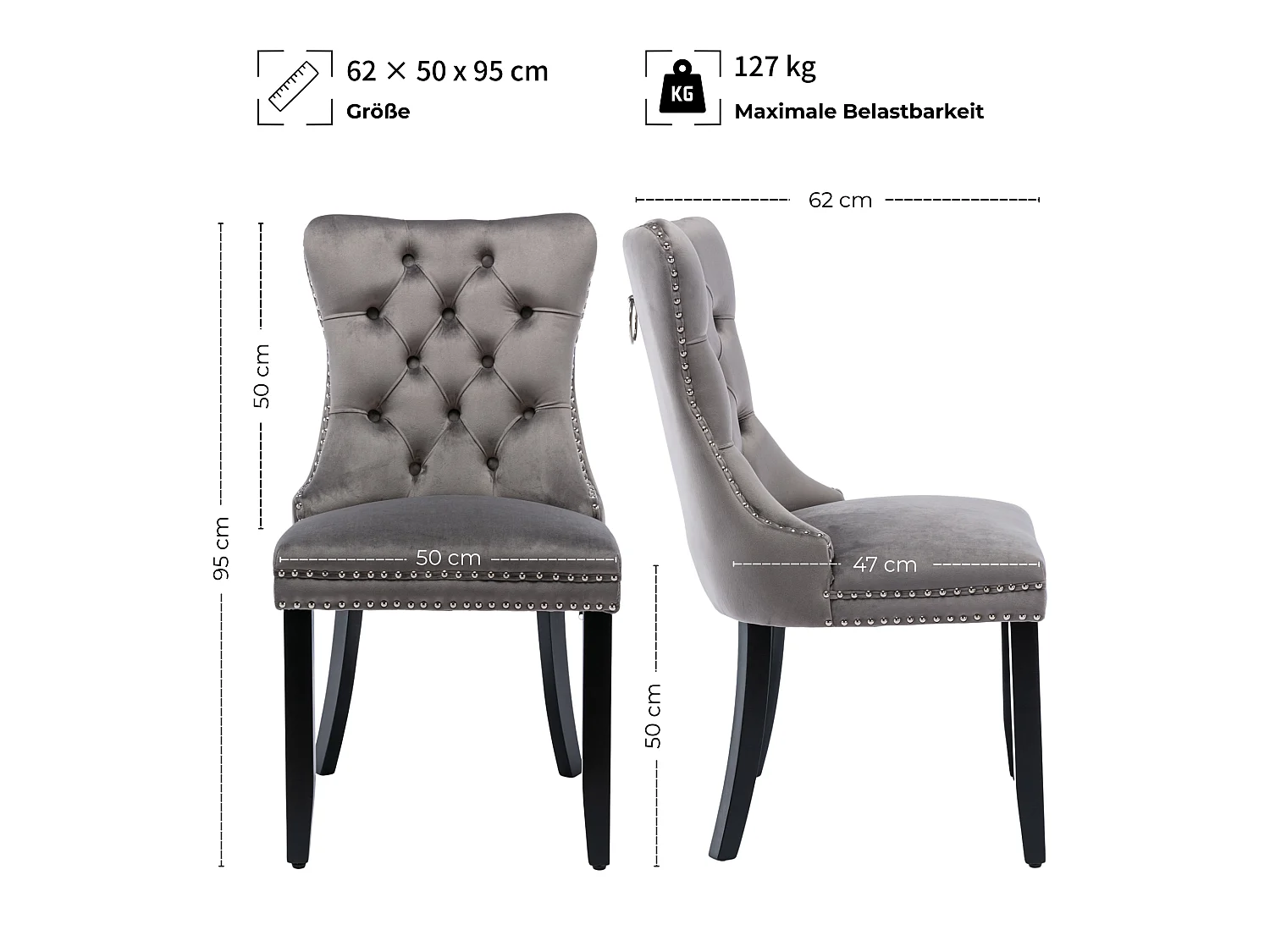 Set van 2 fluwelen eetkamerstoelen met hoge rugleuning en knoopdetails