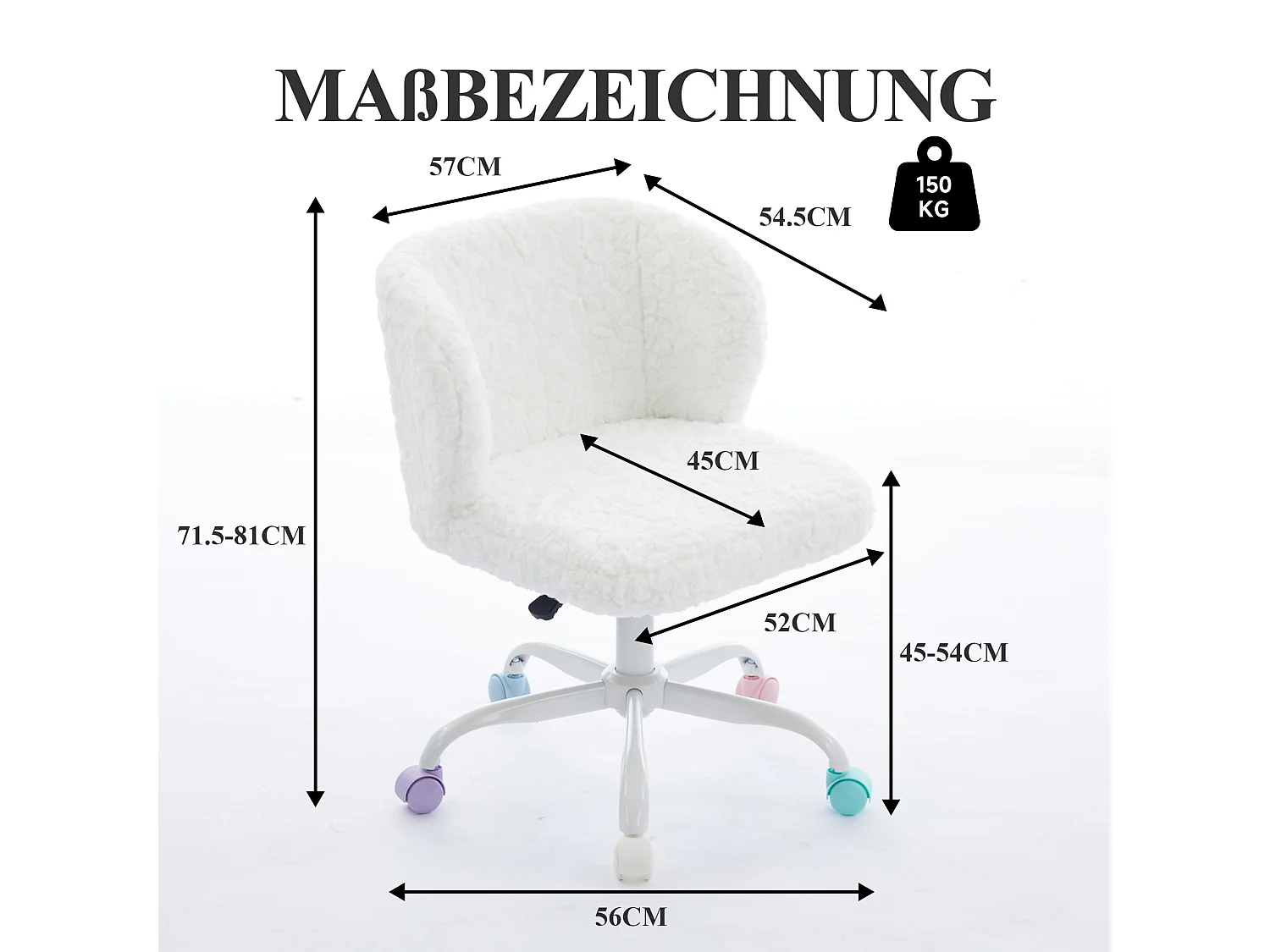 Bürostuhl 360° drehbar Schminktischstuhl mit Sitzhöhe bis 54cm,, Faux-Fur Polster, Höhenverstellbarer Kosmetikstuhl mit Kreuzfüßen, Farbigen Rollen