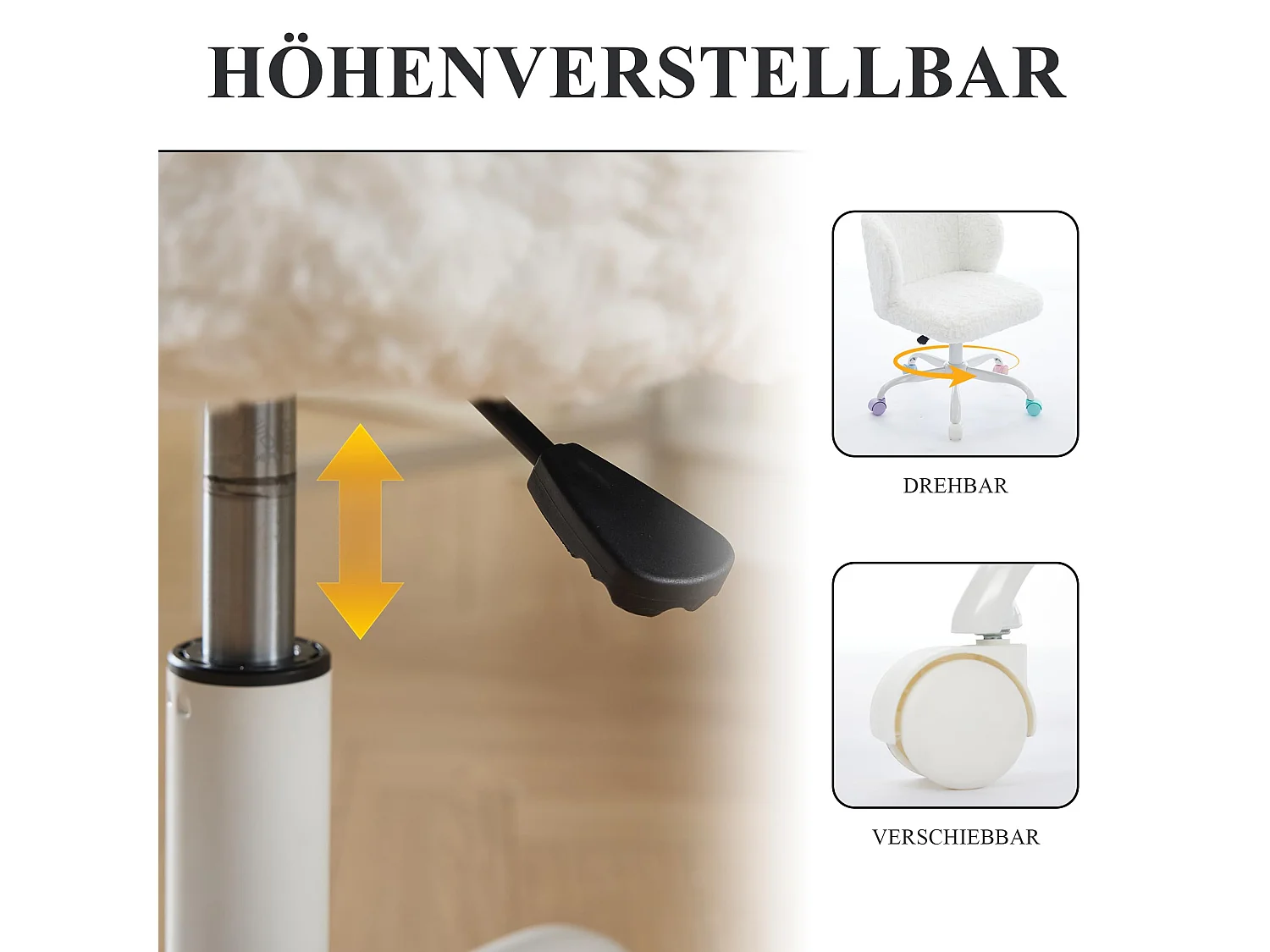 Bürostuhl 360° drehbar Schminktischstuhl mit Sitzhöhe bis 54cm,, Faux-Fur Polster, Höhenverstellbarer Kosmetikstuhl mit Kreuzfüßen, Farbigen Rollen