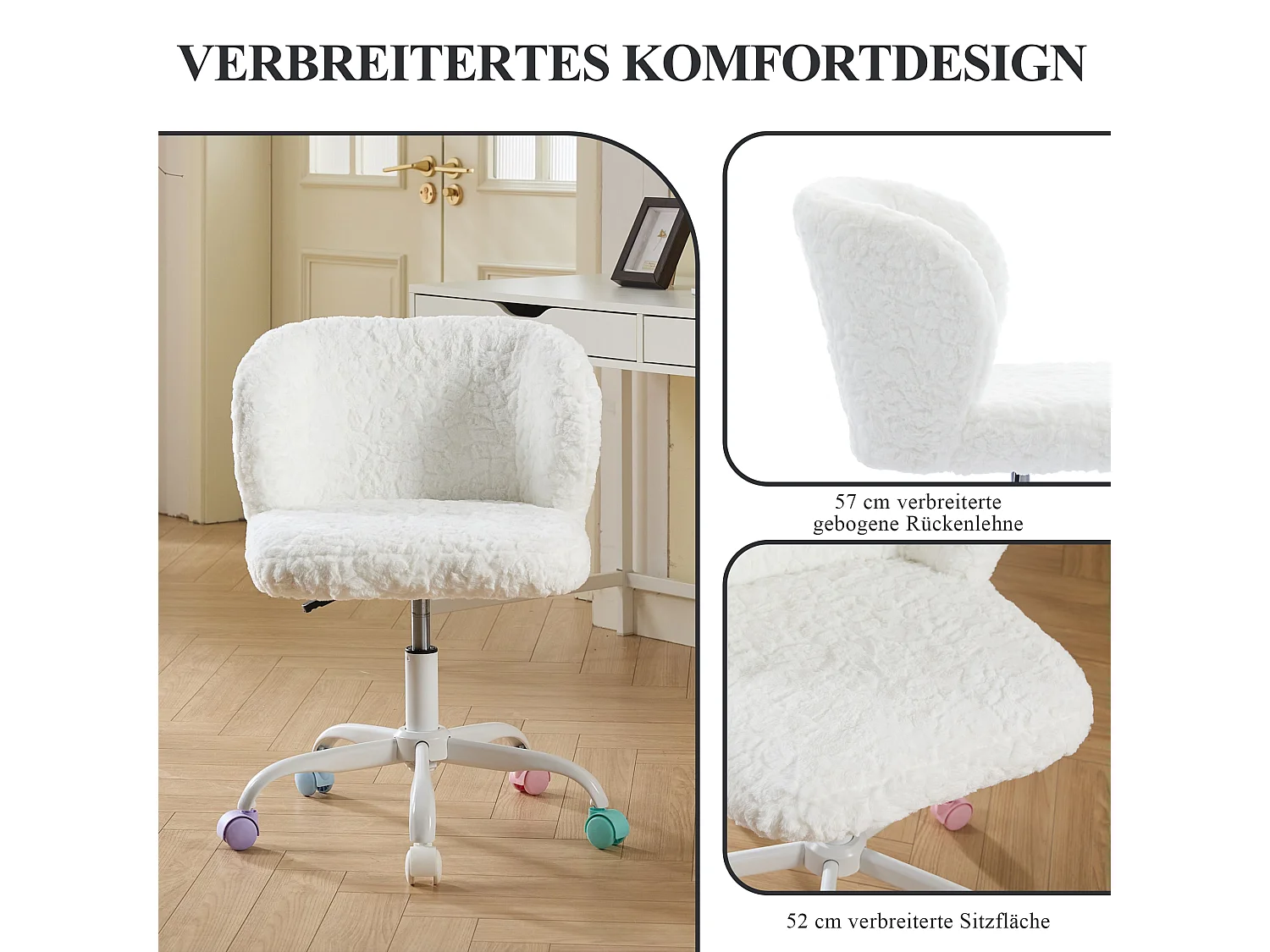 Bürostuhl 360° drehbar Schminktischstuhl mit Sitzhöhe bis 54cm,, Faux-Fur Polster, Höhenverstellbarer Kosmetikstuhl mit Kreuzfüßen, Farbigen Rollen