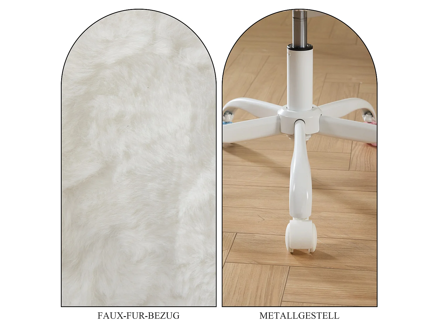 Bürostuhl 360° drehbar Schminktischstuhl mit Sitzhöhe bis 54cm,, Faux-Fur Polster, Höhenverstellbarer Kosmetikstuhl mit Kreuzfüßen, Farbigen Rollen