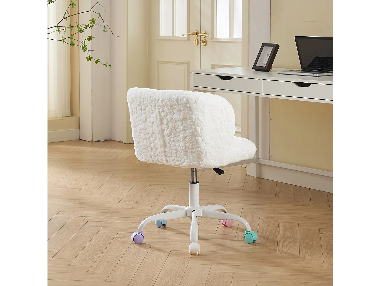 Bürostuhl 360° drehbar Schminktischstuhl mit Sitzhöhe bis 54cm,, Faux-Fur Polster, Höhenverstellbarer Kosmetikstuhl mit Kreuzfüßen, Farbigen Rollen