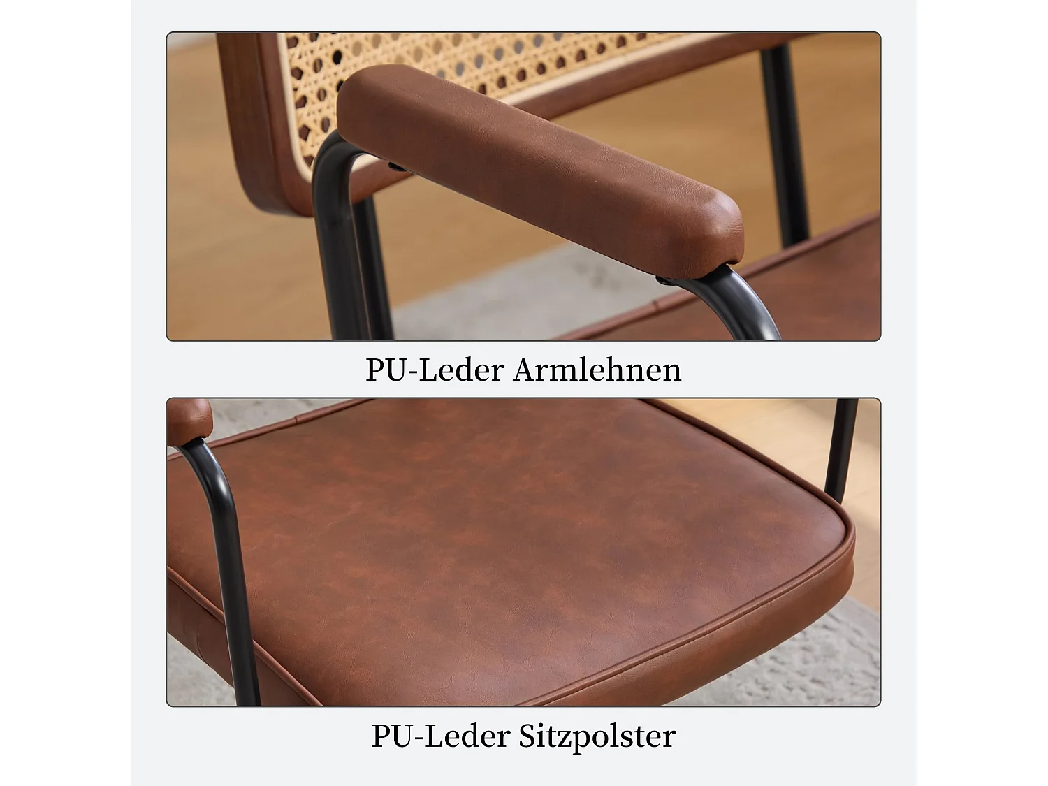 Bürostuhl mit Rattan-Rückenlehne, Höhenverstellbarer Drehstuhl mit Polstersitz, Metallgestell Schreibtischstuhl mit Rollen, für Home Office
