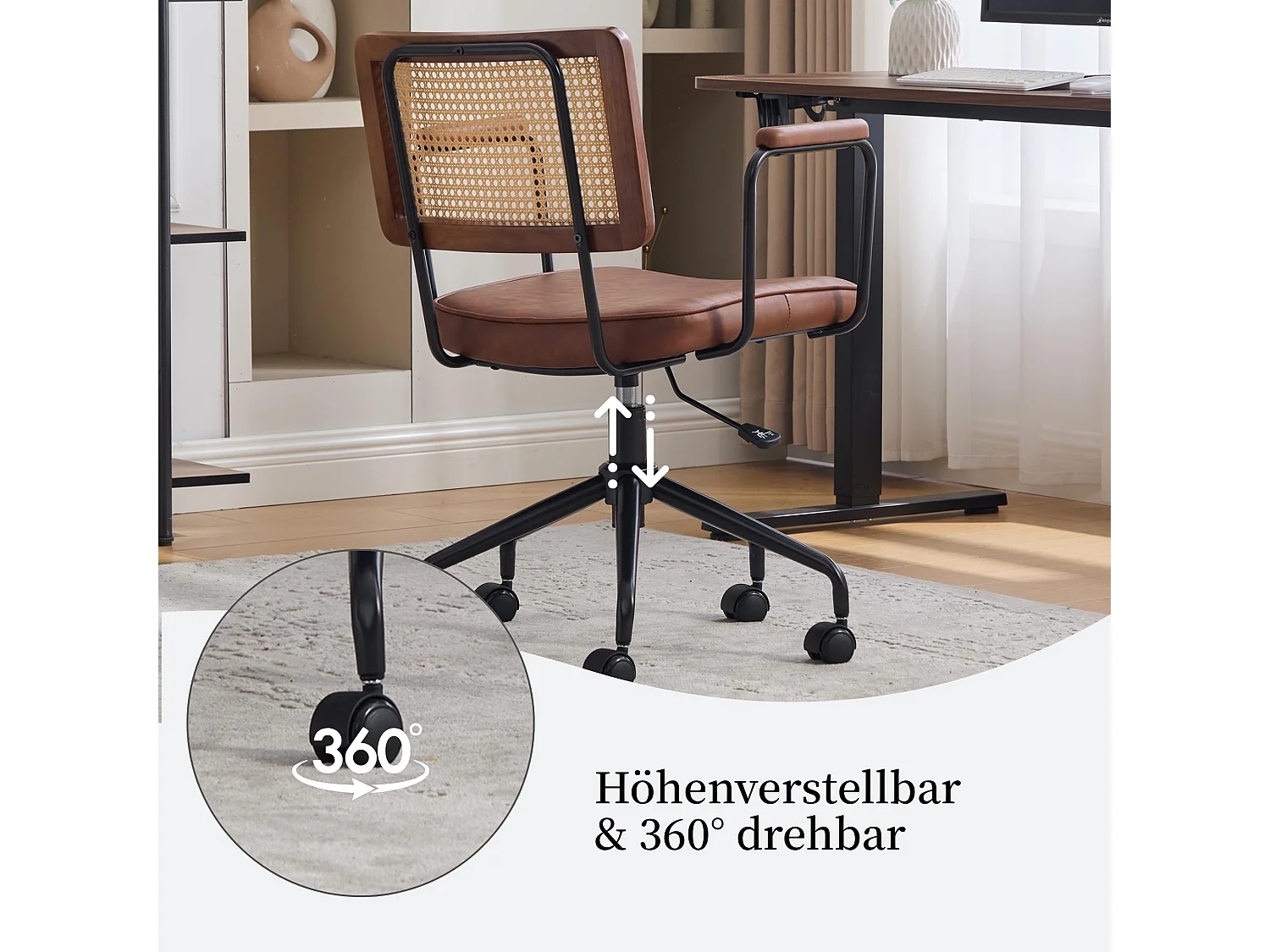 Bürostuhl mit Rattan-Rückenlehne, Höhenverstellbarer Drehstuhl mit Polstersitz, Metallgestell Schreibtischstuhl mit Rollen, für Home Office