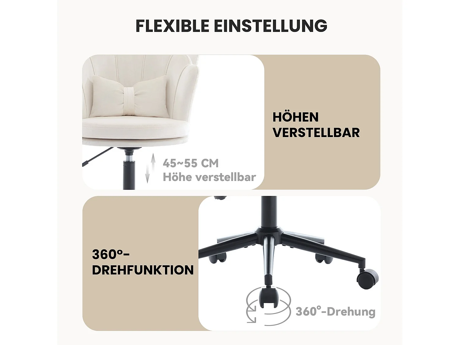 Höhenverstellbarer Bürostuhl ohne Armlehne Samt Drehstuhl mit Rollen, bis 100kg für Schlafzimmer