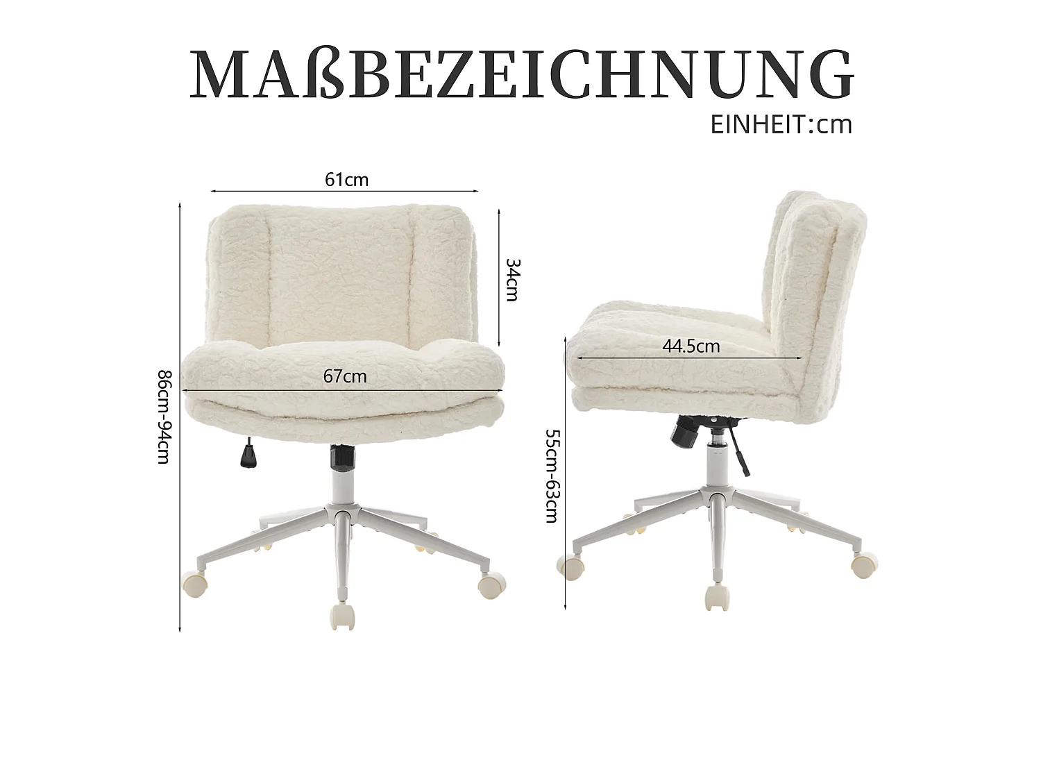 Bürostuhl mit 67 cm extra breiter Sitzfläche, höhenverstellbar und Wippfunktion, weicher Alpaka-Imitatstoff, moderner Schminktischstuhl für Büro und Schlafzimmer