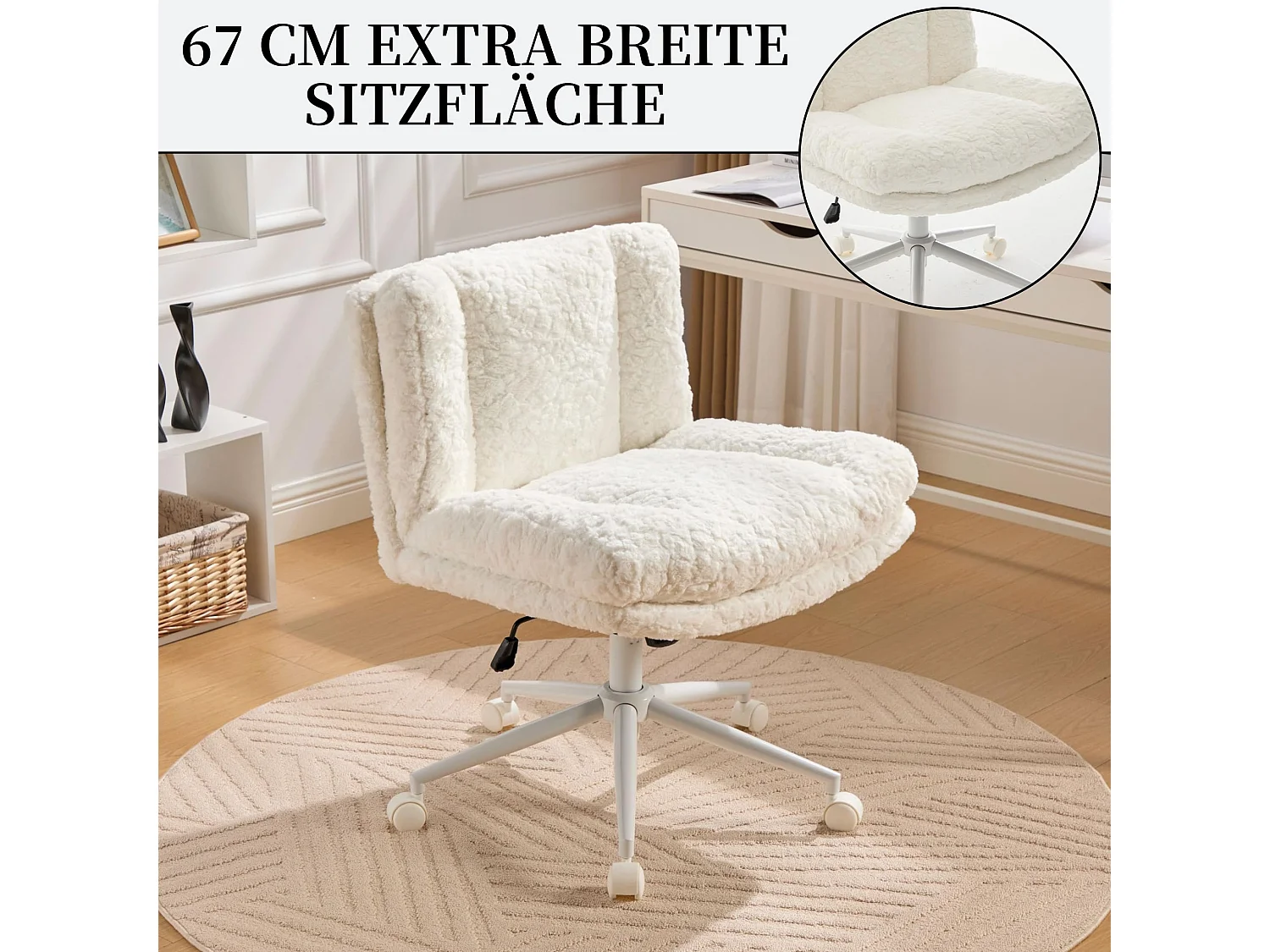 Bürostuhl mit 67 cm extra breiter Sitzfläche, höhenverstellbar und Wippfunktion, weicher Alpaka-Imitatstoff, moderner Schminktischstuhl für Büro und Schlafzimmer