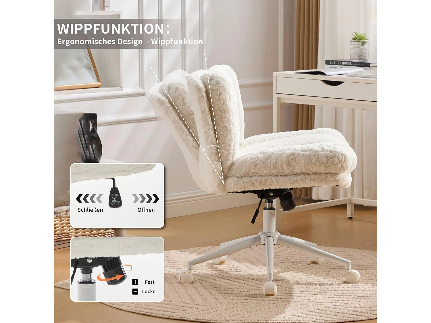 Bürostuhl mit 67 cm extra breiter Sitzfläche, höhenverstellbar und Wippfunktion, weicher Alpaka-Imitatstoff, moderner Schminktischstuhl für Büro und Schlafzimmer