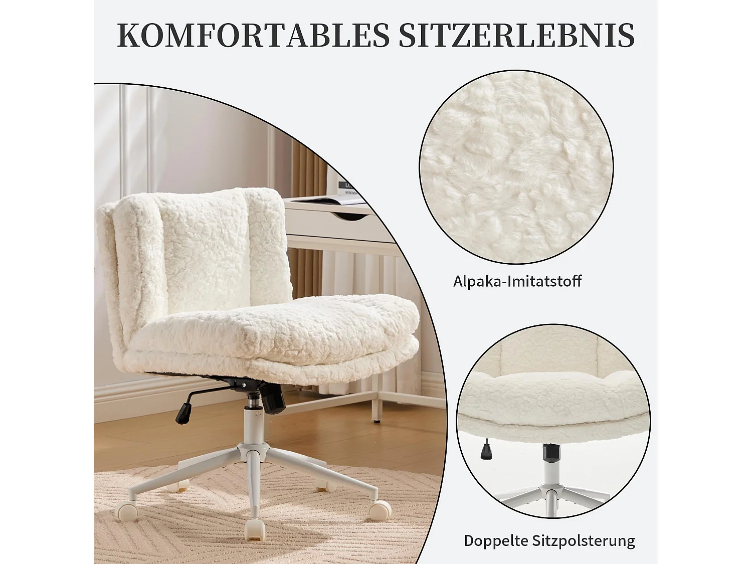 Bürostuhl mit 67 cm extra breiter Sitzfläche, höhenverstellbar und Wippfunktion, weicher Alpaka-Imitatstoff, moderner Schminktischstuhl für Büro und Schlafzimmer