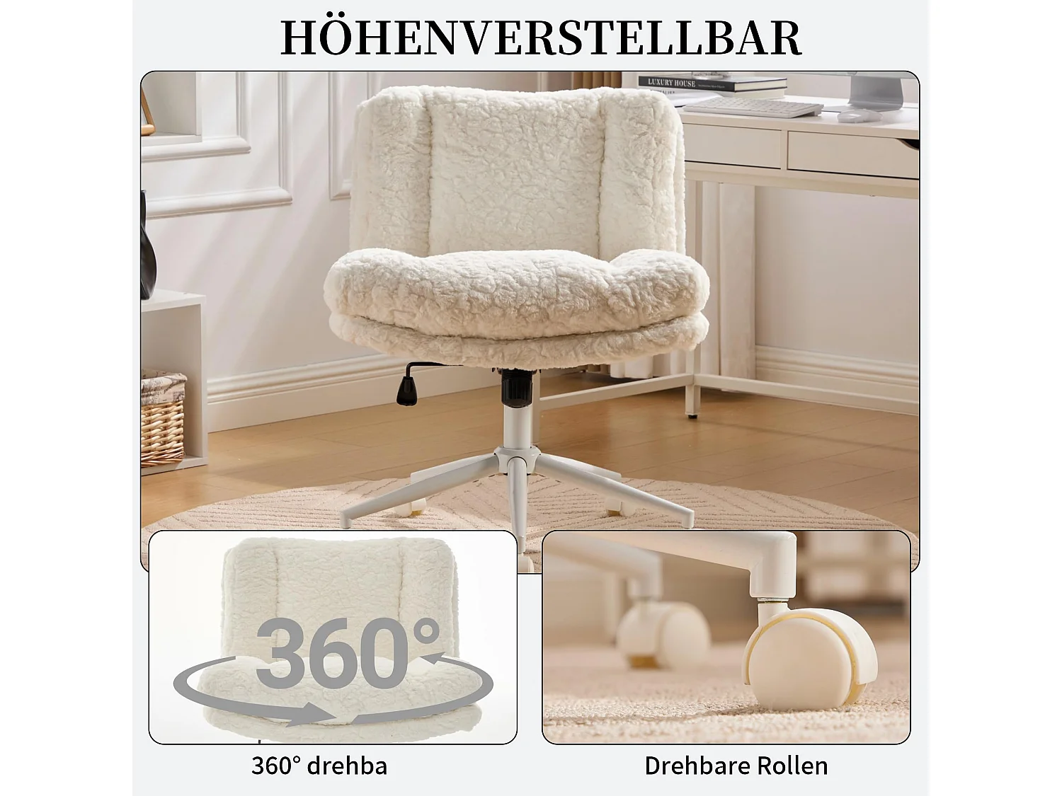 Bürostuhl mit 67 cm extra breiter Sitzfläche, höhenverstellbar und Wippfunktion, weicher Alpaka-Imitatstoff, moderner Schminktischstuhl für Büro und Schlafzimmer