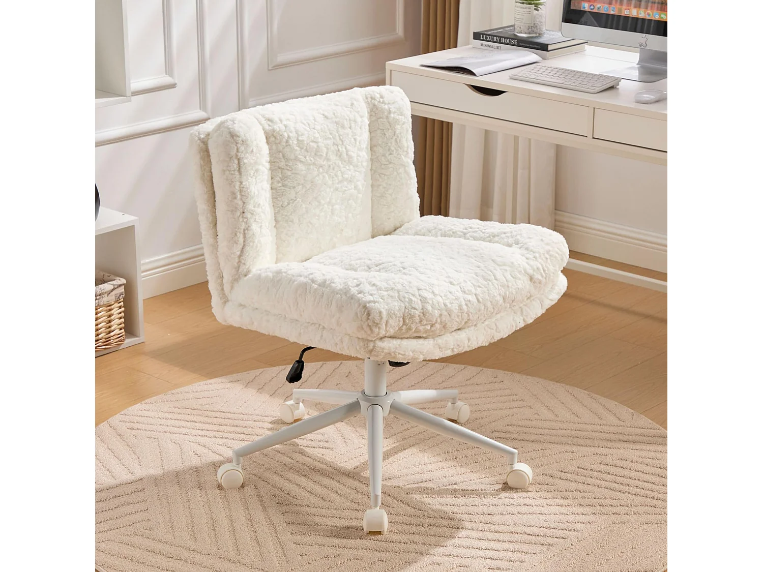 Bürostuhl mit 67 cm extra breiter Sitzfläche, höhenverstellbar und Wippfunktion, weicher Alpaka-Imitatstoff, moderner Schminktischstuhl für Büro und Schlafzimmer