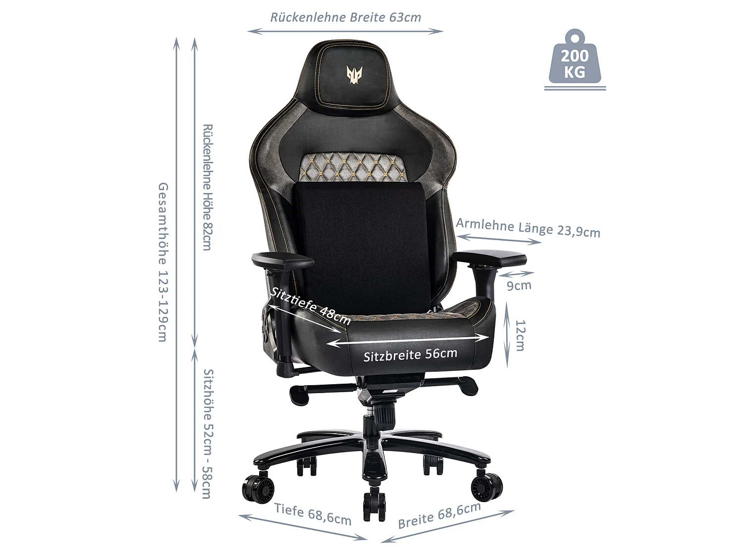 200kg Gamingstoel met 155° Kanteling, 4D Armleuningen, Brede Zitting en Rugleuning - Zwart