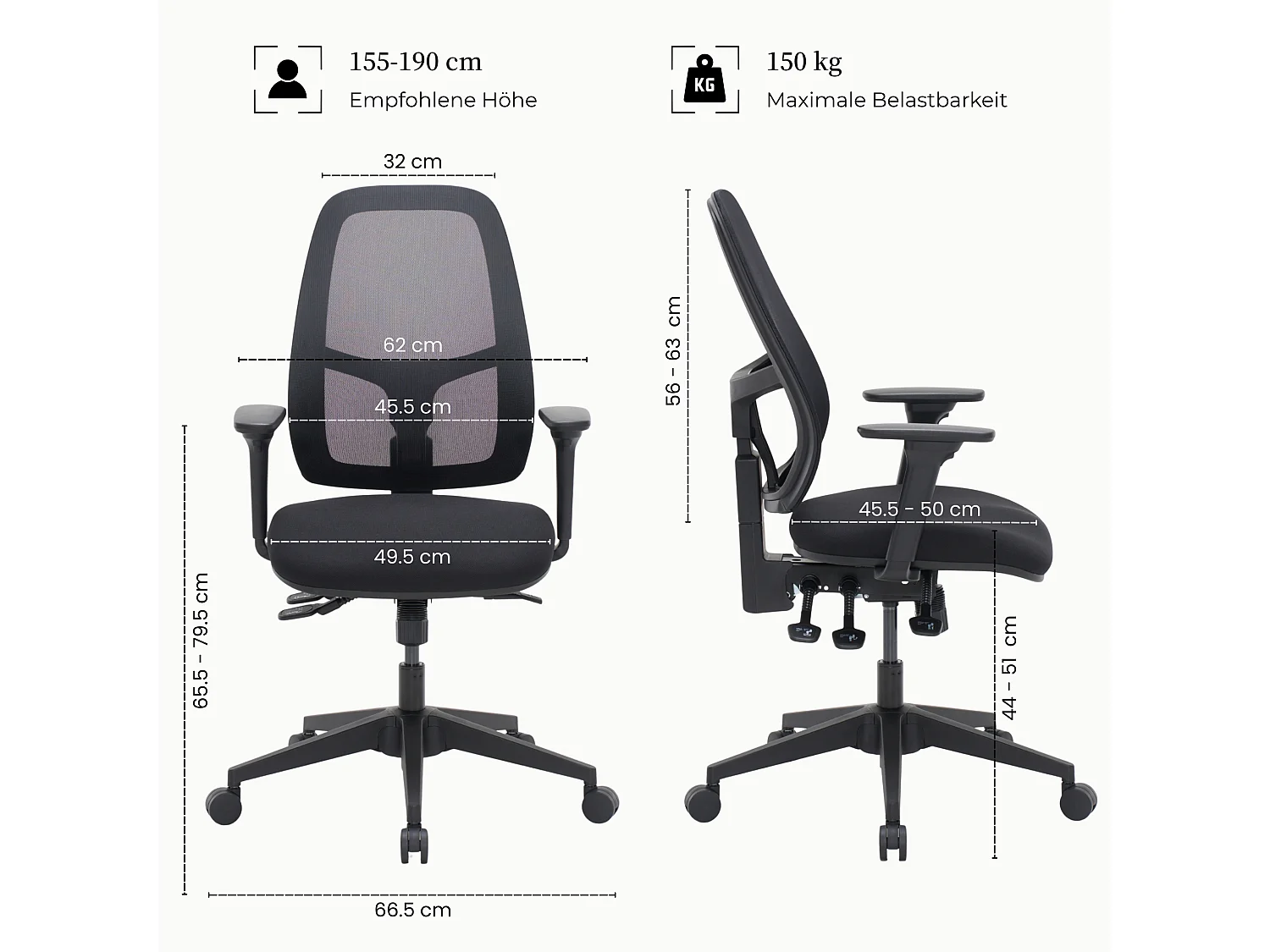 Ergonomische bureaustoel tot 150 kg met verstelbare zitdiepte en kanteling - Multifunctionele ergonomische bureaustoel