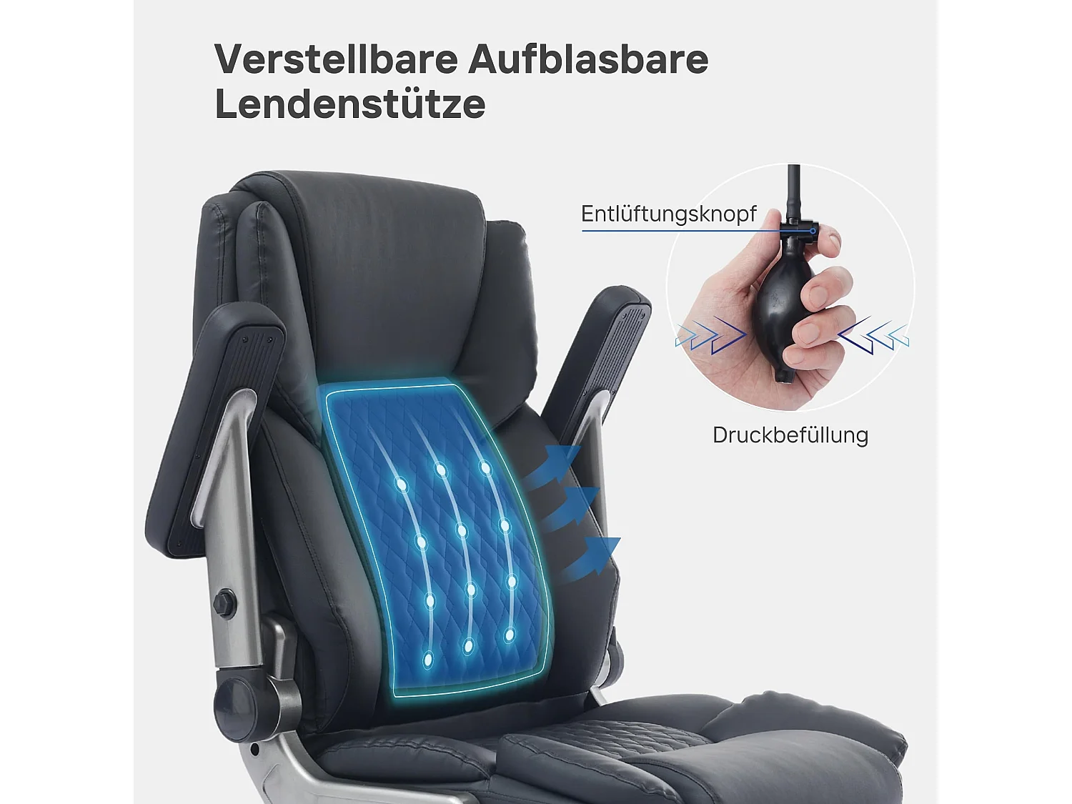 Chaise de bureau XXL avec support lombaire gonflable, accoudoirs pliants 4D, capacité de 230 kg, roues doubles silencieuses