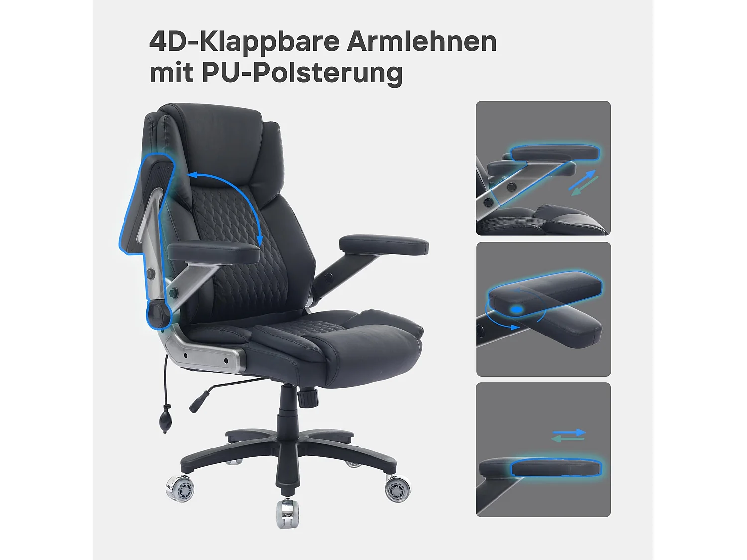 Chaise de bureau XXL avec support lombaire gonflable, accoudoirs pliants 4D, capacité de 230 kg, roues doubles silencieuses