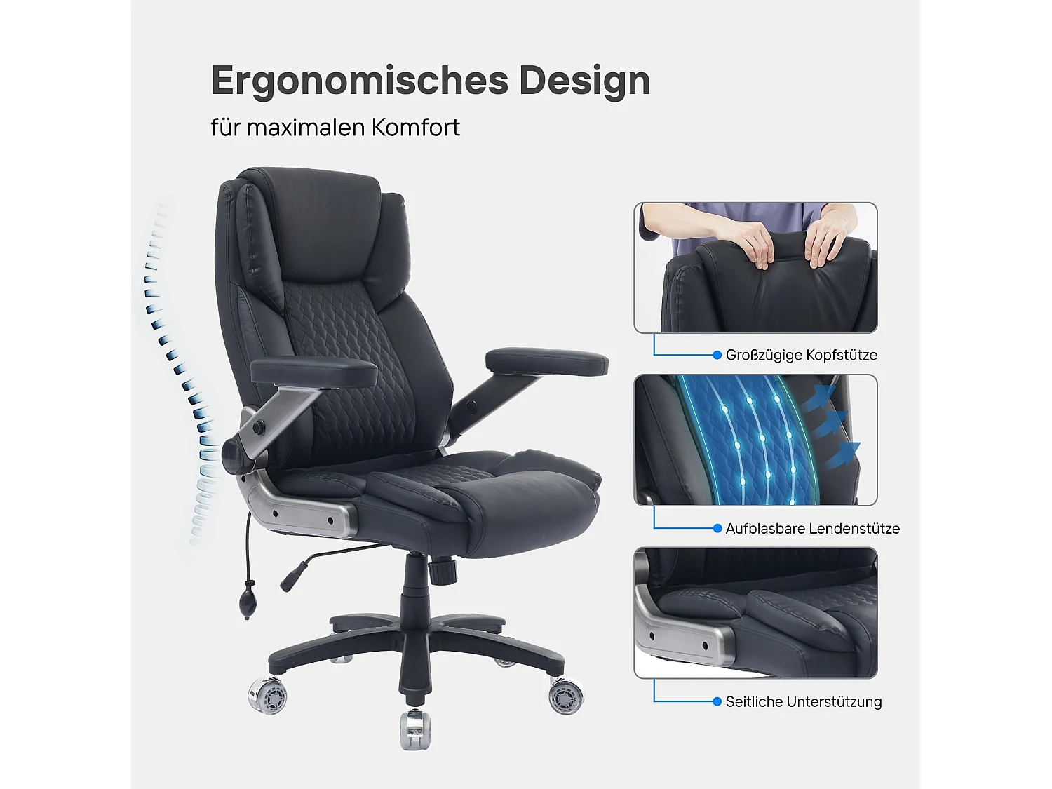 Chaise de bureau XXL avec support lombaire gonflable, accoudoirs pliants 4D, capacité de 230 kg, roues doubles silencieuses