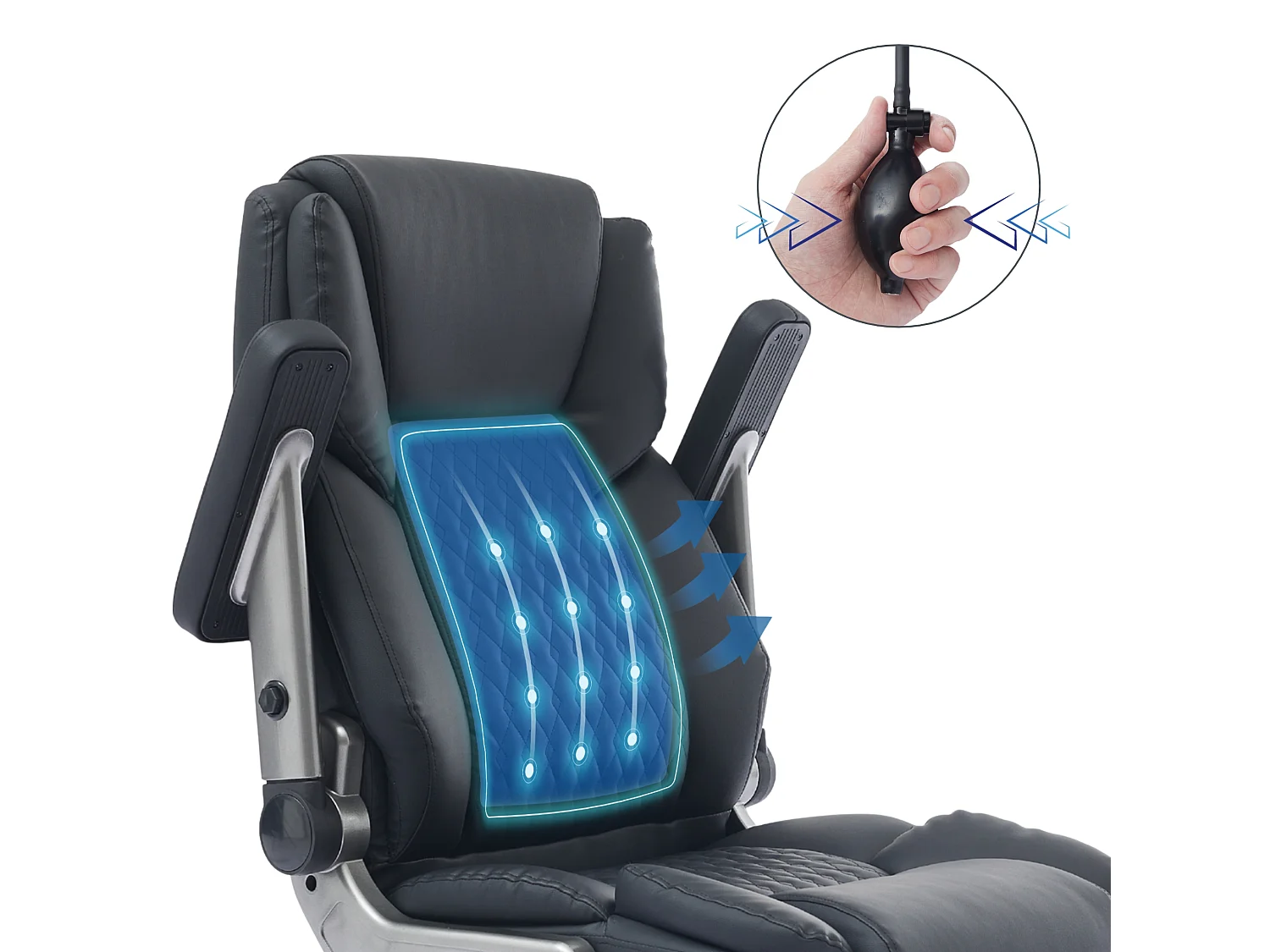Fauteuil de bureau XXL avec soutien lombaire gonflable, accoudoirs 4D, 230 kg et doubles roulettes